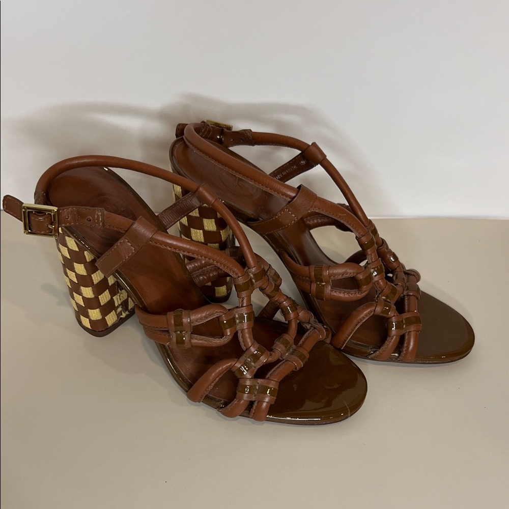 Tory Burch Brown Strappy Heels with Woven Detail